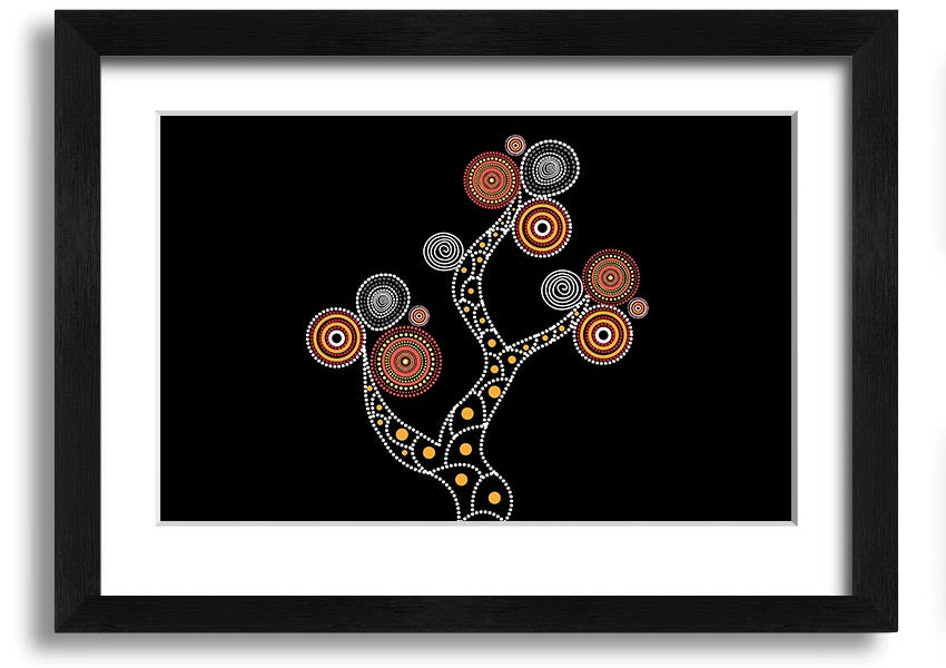 Framed Aboriginal Tree 1 print showcasing vibrant colors and intricate patterns, ready to hang.